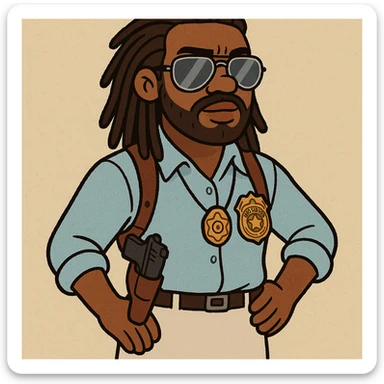 Add a detective badge to the male black detective with dreads, aviator sunglasses, white skirt, and shoulder holster in a cartoon style. Maintain the cartoon style and character details as in the reference image. sticker