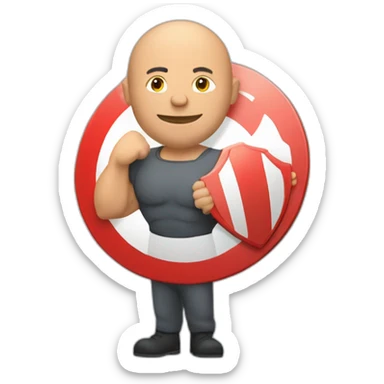 Bald muscular Man with a big round traffic sign in his hand which he uses as a shield sticker