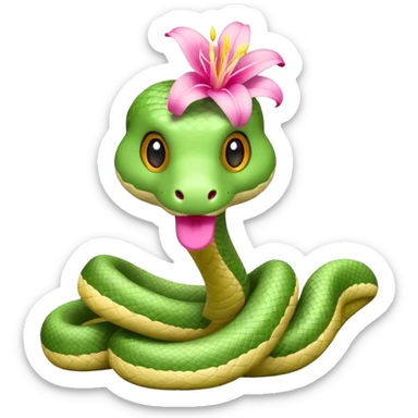 A cute, kind, furry snake doll
with a light green and white body
with a pink lily flower on its head
(no stinger in its mouth) sticker
