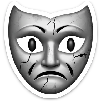 Minimalist emoji-style sticker of a sad theater mask with chipped surface, grayscale tones, one eye empty, slight burn marks

 sticker