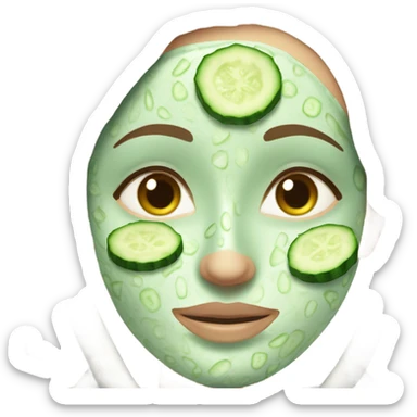 White girl with Brown hair and blue eyes wears a Green clay colored skincare textured mask and puts on cucumbers around her eyes while She relaxes in her white Robe sticker