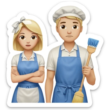 A blonde women cleaning a kitchen while her blonde husband scowls at her sticker