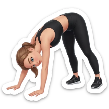 standing forward fold stretch, fair-skinned woman, light gray-blue eyes, ash brown brows, ash light brown hair tied back, slim athletic body, black workout set, black sneakers with white soles sticker