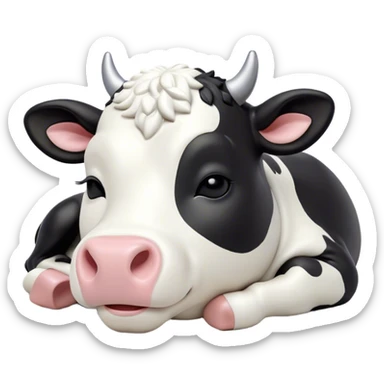 Meme-Worthy Cute Sleeping Black and White Cow Portrait Emoji, Head resting peacefully with a contented smile, showcasing a robust build and a luxuriously soft contrasting coat of black and white, eyes shut in a serene, restful nap, Simplified yet hilariously adorable features, highly detailed, glowing with a soft, drowsy light, high shine, relaxed and utterly lovable, stylized with an air of playful laziness, bright and heartwarming, soft glowing outline, capturing the essence of a comically sleepy cow, so meme-worthy it feels like it could instantly become the next viral sensation of adorable slumber! sticker