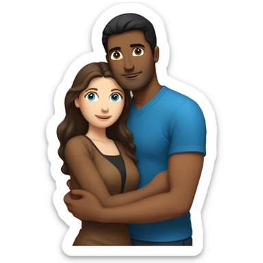 Couple embracing with arms around each other; white woman with blue eyes and brown hair, Indian man with black hair  sticker