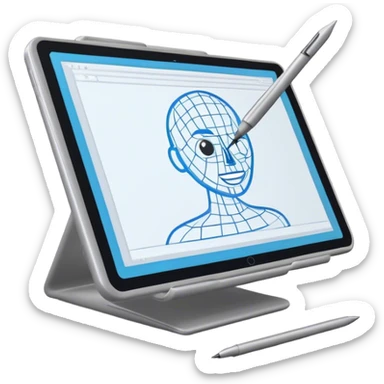 Create an emoji for 3D visualization and modeling. Show wireframe model that pops out from the screen of a large graphic tablet with a stylus drawing in a 3D modeling program. Use modern, professional colors. Do not include any emojis or smiley faces. Make the background transparent. sticker