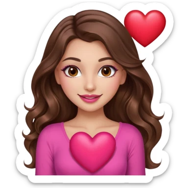 girl with long wavy brown hair, brown eyes, long lashes makeup, sexy pink lips, light to medium complexion, wearing a pink sexy top, smiling, holding a big heart sticker
