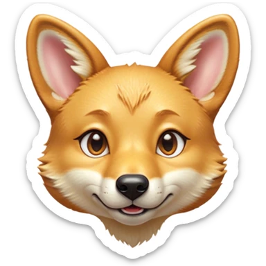 Cinematic Cute Dingo Portrait Emoji, Head tilted playfully and inquisitively, featuring a glossy sandy fur with naturally perky ears and round, sparkling amber eyes filled with curious mischief, Simplified yet irresistibly adorable features, highly detailed, glowing with a warm, friendly glow, high shine, affectionate and spirited, stylized with a touch of outback whimsy, bright and endearing, soft glowing outline, capturing the essence of a mischievous yet loving dingo, so playful it feels like it could bound out of the screen into your arms! sticker
