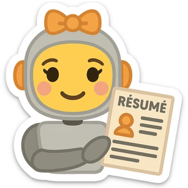 Create an image of a recruiter robot emoji that is even cuter and more feminine, in an apple style, flat and smiling, holding a resume. The background should be transparent. sticker