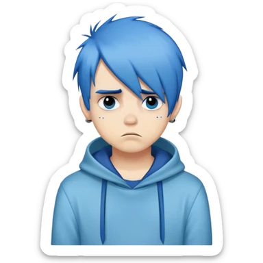 an emo boy with blue hair and emo haircut hiding one eye, his expression is bored and blase sticker