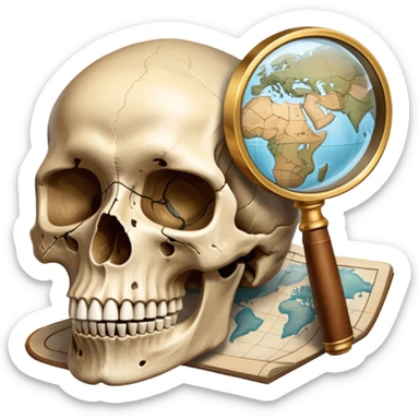 An icon featuring a human skull and fossils, representing anthropology. The design includes a magnifying glass and a map of ancient human migration paths, symbolizing the study of human evolution and cultures. Transparent background highlights the scientific exploration of humanity’s past. sticker
