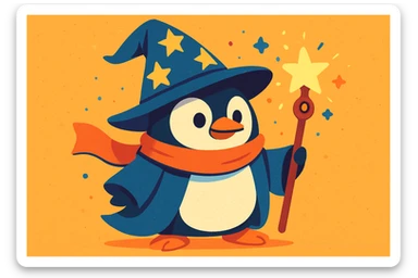 a penguin dressed as a wizard, with a pointy hat and a magic staff, in a fun and whimsical style, vibrant toon style, colorful and lively sticker