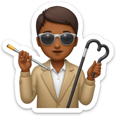 A blind person wearing sunglasses and holding a guide cane sticker