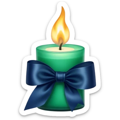 A charmingly arranged composition of a glass candle in a rich emerald shade, placed next to a carefully folded navy blue ribbon. sticker