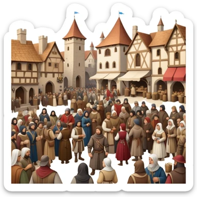 Medieval town crowd scene with many people together, mix of wealthy merchants and common townspeople gathered in a marketplace sticker
