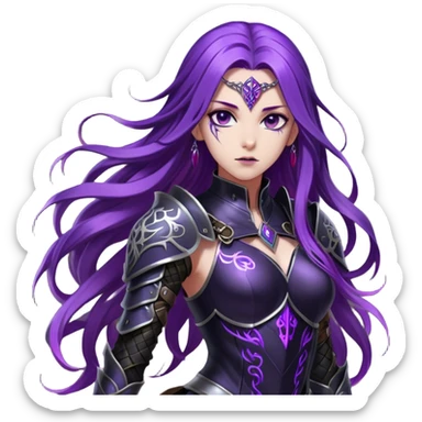 A mysterious warrior girl with long, flowing purple hair cascading down her back, strands catching the dim light like silk. Her piercing violet eyes glow. She wears sleek black armor, a perfect fusion of elegance and lethality, adorned with intricate silver engravings resembling ancient runes.  sticker