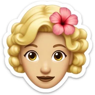 A blonde pin curled woman with a hibiscus flower in her hair like a 60s starlet sticker