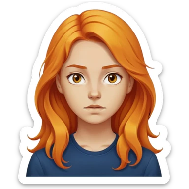 Nữ 20 tuổi, da vàng, tóc dài nhuộm màu cam hơi xoăn nhẹ, mặt nghiêm túc, nửa thân trên, áo màu xanh đen sticker