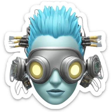 Light blue Mohawk female cyborg head with silver respirator mask and circuits sticker