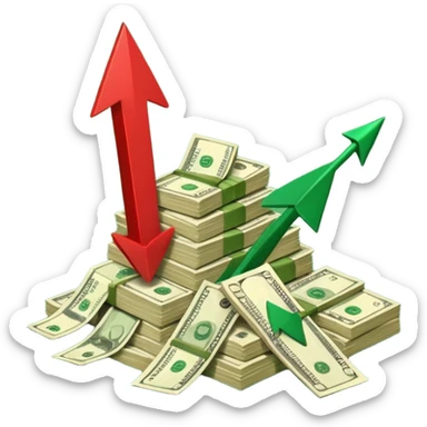 a pile of money infront of strategy paper with one red arrow up sticker