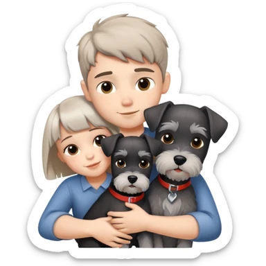 a boy and a shorthair girl hugs a Schnauzer sticker