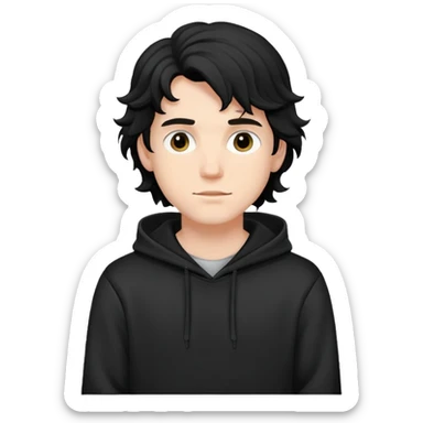 young white man in a hoodie, black wavy hair sticker