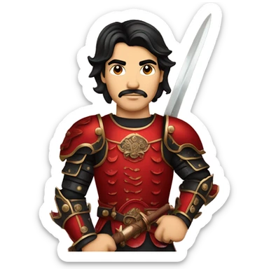 Vintage Tanned man with black hair and stern face wearing red and black armour holding sword vintage intricate patterns sticker