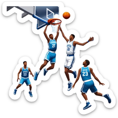 An icon featuring a basketball court with players in action, inspired by NBA 2K25. A player jumps for a dunk, with the ball mid-air. Bright lights illuminate the court, symbolizing the excitement of sports simulation games. Transparent background emphasizes the energy. sticker