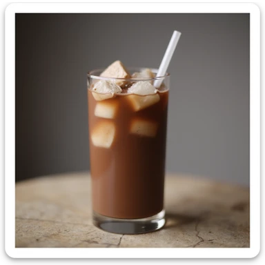 realistic iced chocolate drink in a tall glass with ice cubes and a straw sticker