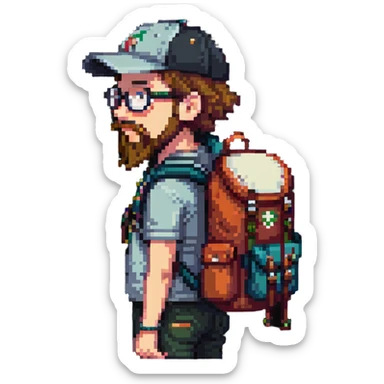 adventurer with goatee beard (no beard on cheeks), short hair, glasses, backwards baseball cap and backpack sticker
