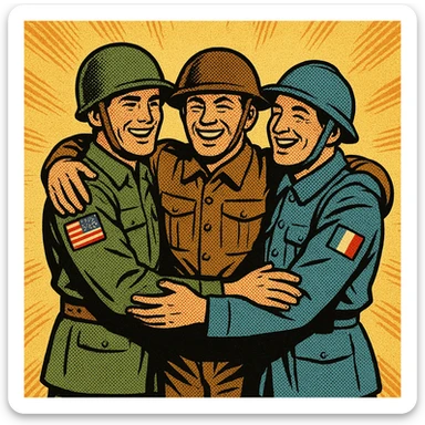 A full body 1940s American soldier with the US flag on his arm with his arms around a 1940s British soldier and a 1940s French soldier. They are all happy. sticker