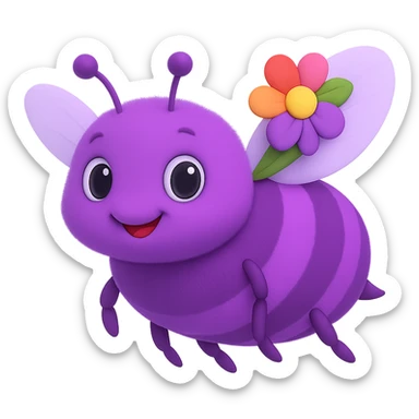 A 3D emoji of a purple bee, facing forward, with a slight smile, vibrant purple and black stripes, transparent wings, and a small flower on its back. sticker