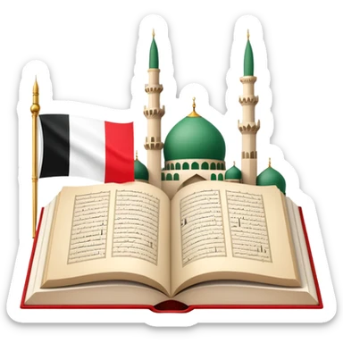 An icon featuring the mosque and the flag of United Arab Emirates, symbolizing the Arabic language. The design includes an open book with Arabic script and calligraphy, representing language learning and cultural heritage. Transparent background sticker