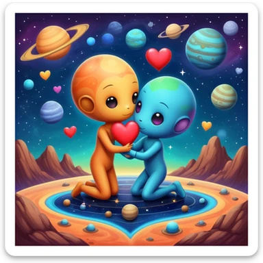 Cute cosmic scene with heart planets and small alien couples kissing and hugging on the planets, colorful solar system sticker