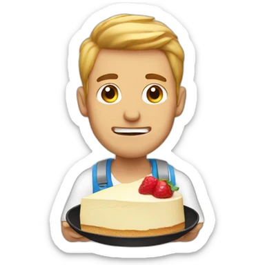 man stuffing face with cheesecake sticker