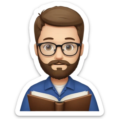 bearded man with glasses studying sticker