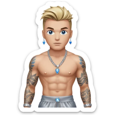 Vanilla Ice with blue eyes, dark blonde hair, shirtless with necklace, metallic silver harem pants  sticker