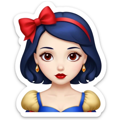 Cinematic Stunning Snow White Portrait Emoji, Fair skin glowing like porcelain, ruby-red lips, deep brown eyes full of kindness, raven hair framed by her iconic red bow, wearing her royal blue and gold gown, exuding timeless beauty and grace! sticker