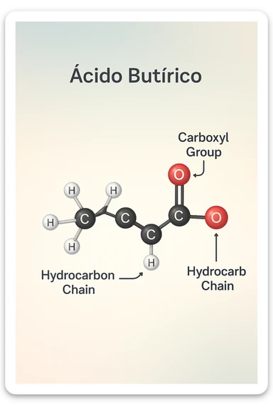 the acido butirrico molecule floats in the center, with animated arrows or labels pointing to the carboxyl group and the hydrocarbon chain. The background is a soft gradient, and the overall style is clean, professional, and suitable for educational materials. sticker
