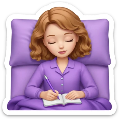 White Barbie girl Chestnut bob wavy hair sleeping with In lavender clothes, he writes in a notebook sticker