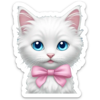 White fluffy kitten wearing two pink bows with blue eyes sticker