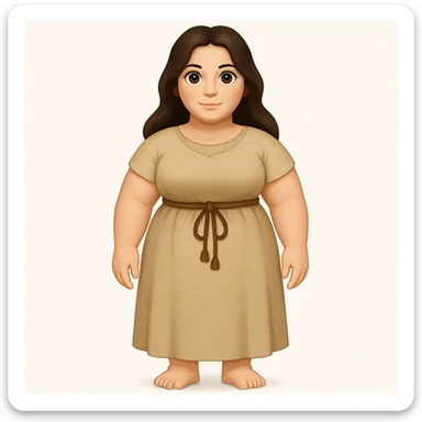 Fullbody Mary Magdalene, voluptuous and strong, very pretty detailed face, plain light tan biblical dress, no hood, dark hair, arms lowered to a normal pose with hands by hips, in emoji style. sticker