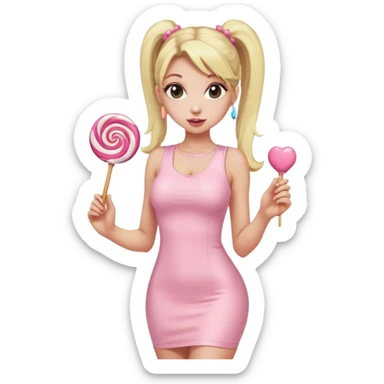 Beautiful woman with long blonde ponytails wearing light pink bodycon dress holding a lollipop sticker