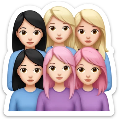 Girlfriend emoji - 5 white girlfriends, two with black hair, one with medium blonde hair, one with  pale pink hair,  sticker