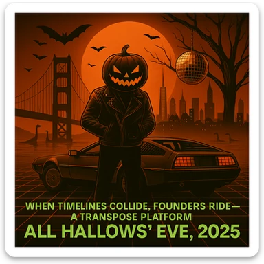 Add the words below the DeLorean, make the words neon retro green, When Timelines collide, Founders ride — a Transpose Platform All Hallows’ Eve, 2025.  sticker