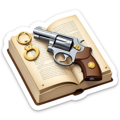 Icon for Action & Crime Reading: an open book with action-packed scenes, featuring a gun, handcuffs, a detective's badge. The icon should capture the tension and excitement of crime and action stories. Transparent background. sticker