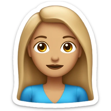 mujer de cabello castaño claro con luces, piel blana,ojos cafés,pomulos, barbilla partida,labios gruesos, vistiendo de traje azul tabajando con laptop Mac de apple  sticker