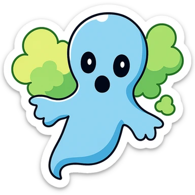 Add visible blue and green fart gas clouds behind the blue and white ghost boy. Keep no background as requested. sticker
