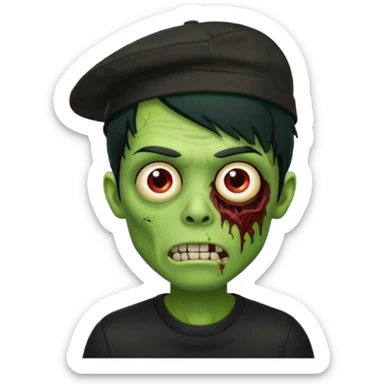 Green zombie, black hair, designer cap turned to the left, black shirt. Apple iOS style. sticker