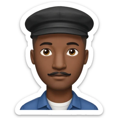 a tall dark hansome black man shaved head thin mustash with compton cap sticker